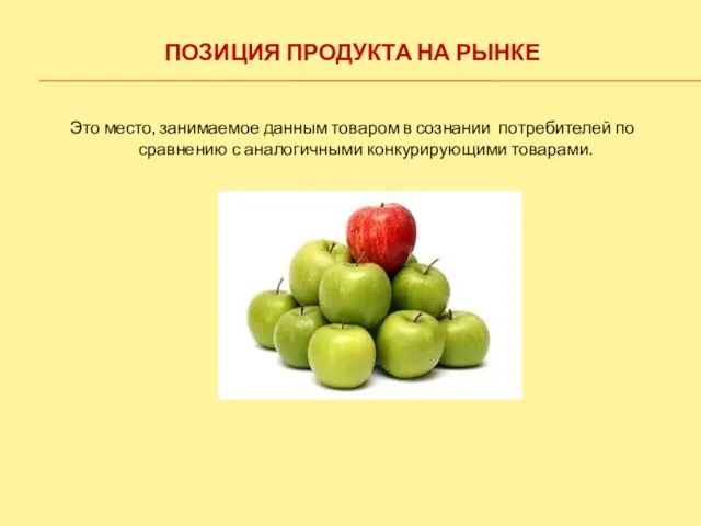 ПОЗИЦИЯ ПРОДУКТА НА РЫНКЕ Это место, занимаемое данным товаром в сознании потребителей