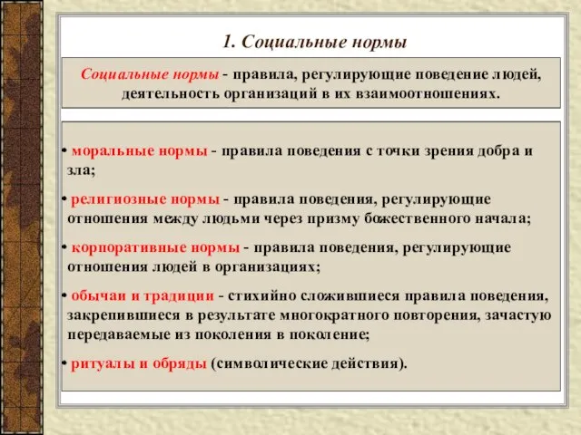 1. Социальные нормы Социальные нормы - правила, регулирующие поведение людей, деятельность организаций