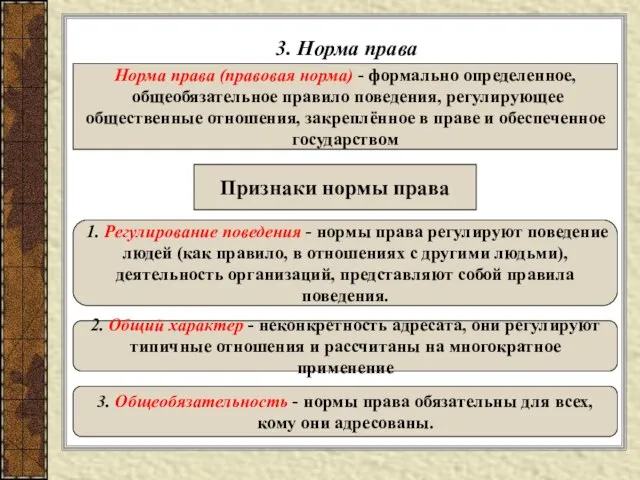 3. Норма права Норма права (правовая норма) - формально определенное, общеобязательное правило