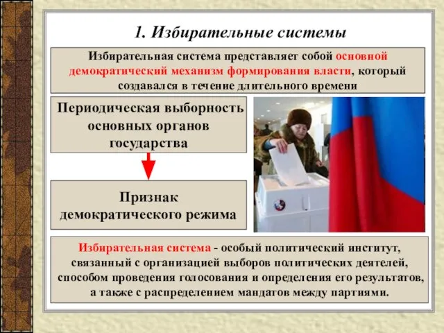 1. Избирательные системы Избирательная система представляет собой основной демократический механизм формирования власти,