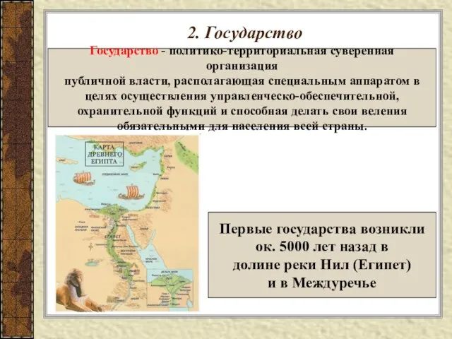 2. Государство Государство - политико-территориальная суверенная организация публичной власти, располагающая специальным аппаратом