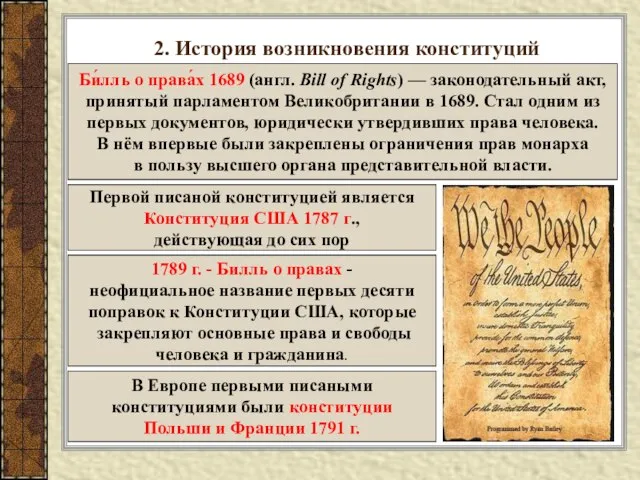 2. История возникновения конституций Би́лль о права́х 1689 (англ. Bill of Rights)