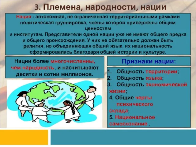 3. Племена, народности, нации Нация - автономная, не ограниченная территориальными рамками политическая