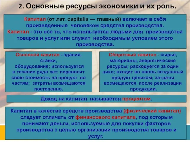 2. Основные ресурсы экономики и их роль. Капитал (от лат. capitalis —