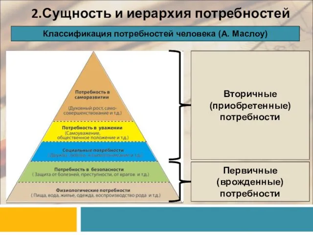 2.Сущность и иерархия потребностей Классификация потребностей человека (А. Маслоу) Первичные (врожденные) потребности Вторичные (приобретенные) потребности