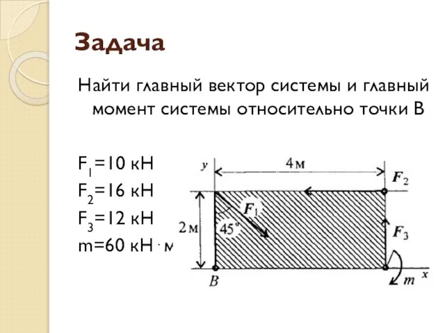 Задача Найти главный вектор системы и главный момент системы относительно точки В