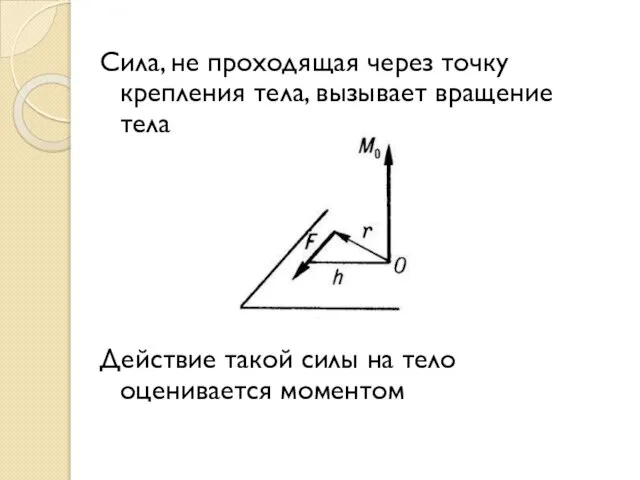 Сила, не проходящая через точку крепления тела, вызывает вращение тела Действие такой