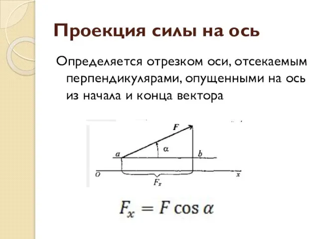 Проекция силы на ось Определяется отрезком оси, отсекаемым перпендикулярами, опущенными на ось