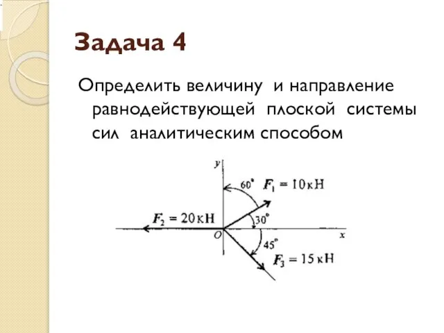 Задача 4 Определить величину и направление равнодействующей плоской системы сил аналитическим способом