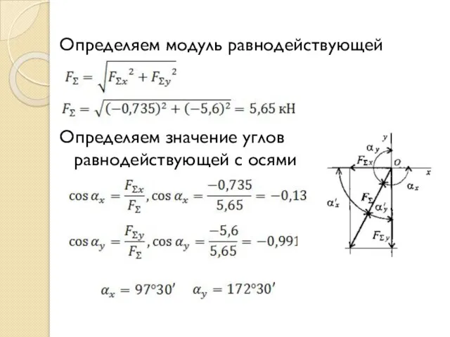 Определяем модуль равнодействующей Определяем значение углов равнодействующей с осями