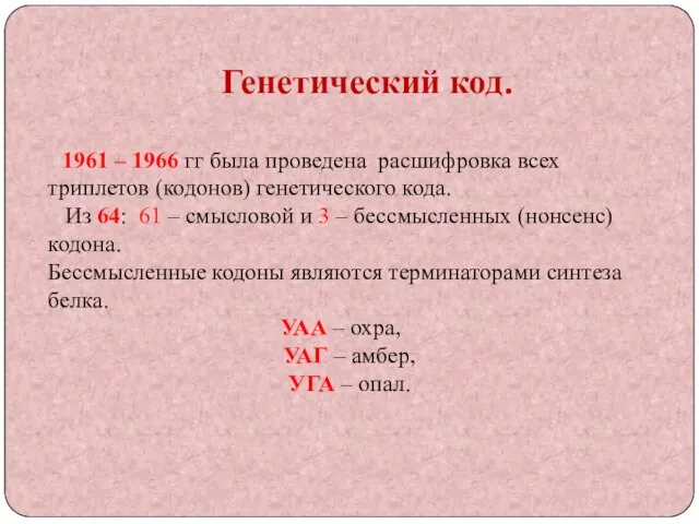 Генетический код. 1961 – 1966 гг была проведена расшифровка всех триплетов (кодонов)