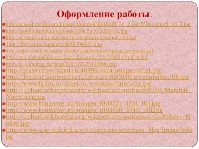 Оформление работы. http://school.xvatit.com/images/thumb/4/4b/Bior8_36_2.jpg/550px-Bior8_36_2.jpg http://mou99.mybb.ru/uploads/000a/5a/3f/3239-1-f.jpg http://estnauki.ru/images/stories/struktura-metabolizma.jpg http://fb.ru/misc/i/gallery/8939/346831.jpg http://ogivotnich.ru/images/stories/zhivotnye/evglena_zelenaya.gif http://rpp.nashaucheba.ru/pars_docs/refs/105/104683/img19.jpg http://g.io.ua/img_aa/large/2013/88/20138806.jpg http://player.myshared.ru/48999/data/images/img1.jpg http://festival.1september.ru/articles/630958/presentation/08.jpg http://www.ljplus.ru/img4/m/e/mezzonine/trna.jpg