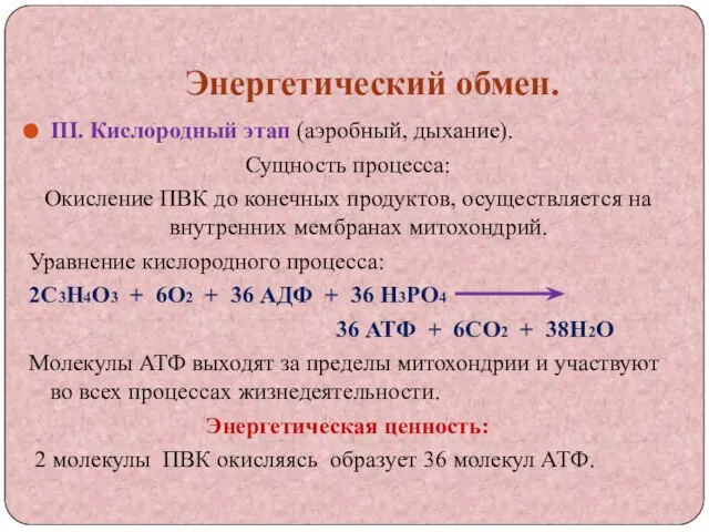 Энергетический обмен. III. Кислородный этап (аэробный, дыхание). Сущность процесса: Окисление ПВК до