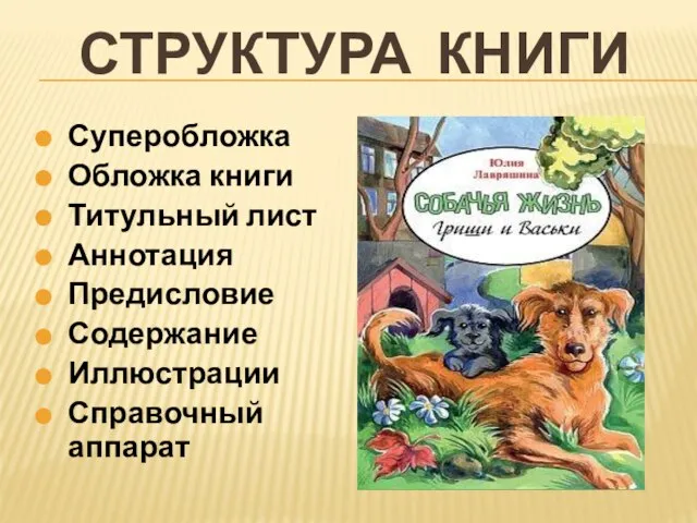 СТРУКТУРА КНИГИ Суперобложка Обложка книги Титульный лист Аннотация Предисловие Содержание Иллюстрации Справочный аппарат