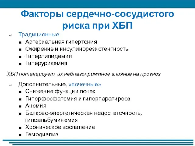 Факторы сердечно-сосудистого риска при ХБП Традиционные Артериальная гипертония Ожирение и инсулинорезистентность Гиперлипидемия