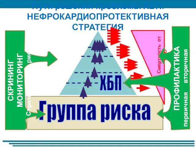 Пути решения проблемы ХБП: НЕФРОКАРДИОПРОТЕКТИВНАЯ СТРАТЕГИЯ СКРИНИНГ МОНИТОРИНГ Стратификация риска ПРОФИЛАКТИКА первичная вторичная