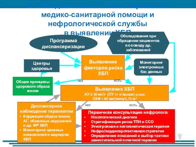 Взаимодействие системы первичной медико-санитарной помощи и нефрологической службы в выявлении ХБП Выявление