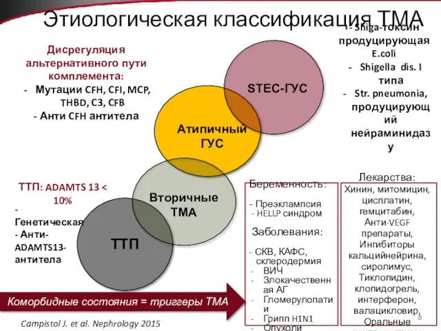 Этиологическая классификация ТМА STEC-ГУС Атипичный ГУС Вторичные ТМА ТТП ТТП: ADAMTS 13