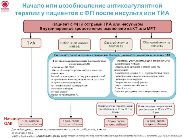 Начало или возобновление антикоагулянтной терапии у пациентов с ФП после инсульта или