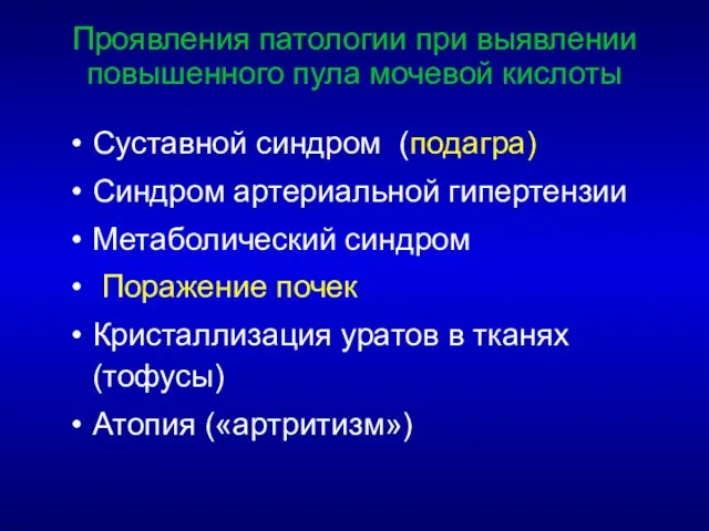 Суставной синдром (подагра) Синдром артериальной гипертензии Метаболический синдром Поражение почек Кристаллизация уратов