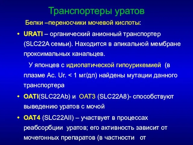 Транспортеры уратов Белки –переносчики мочевой кислоты: URATI – органический анионный транспортер (SLC22A