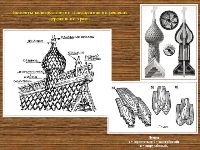 Элементы конструктивного и декоративного решения деревянного храма Лемех: а - городчатый; б
