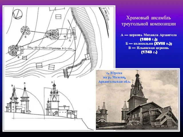 Храмовый ансамбль треугольной композиции А — церковь Михаила Архангела (1686 г.); Б