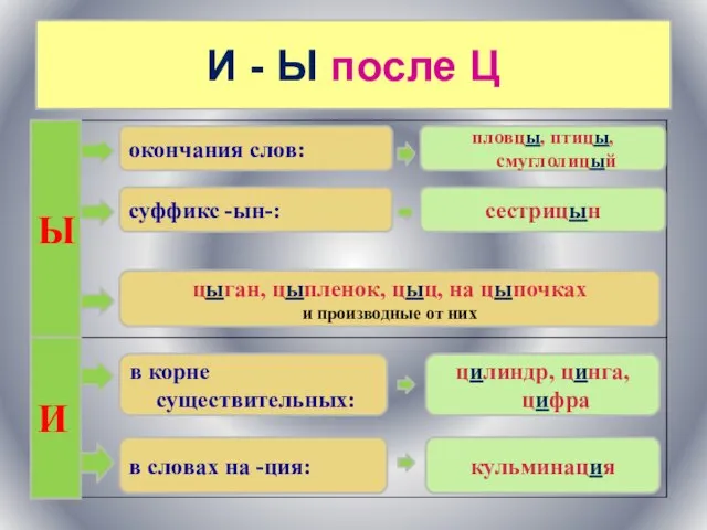 И - Ы после Ц Ы И окончания слов: суффикс -ын-: цыган,