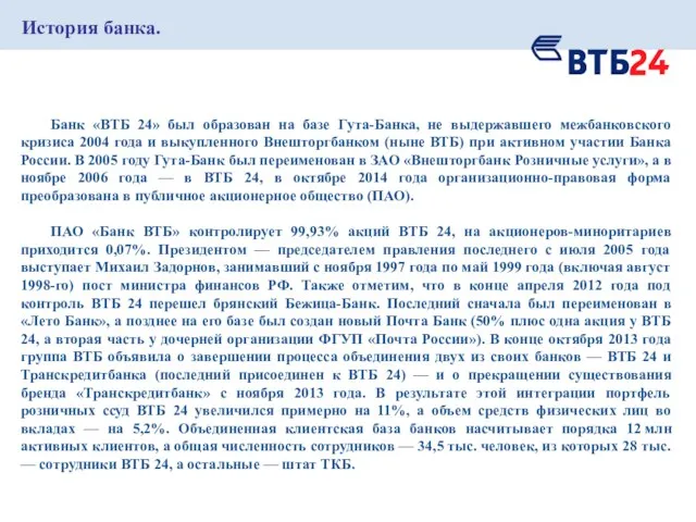 История банка. Банк «ВТБ 24» был образован на базе Гута-Банка, не выдержавшего