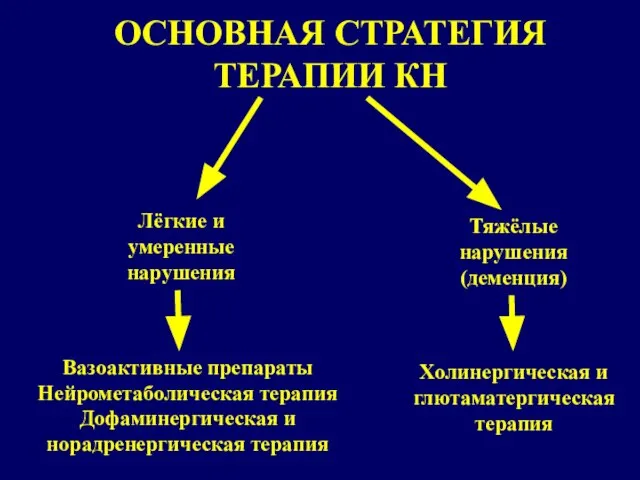 ОСНОВНАЯ СТРАТЕГИЯ ТЕРАПИИ КН Лёгкие и умеренные нарушения Тяжёлые нарушения (деменция) Вазоактивные