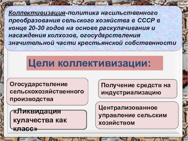 Огосударствление сельскохозяйственного производства Получение средств на индустриализацию Централизованное управление сельским хозяйством Коллективизация-политика