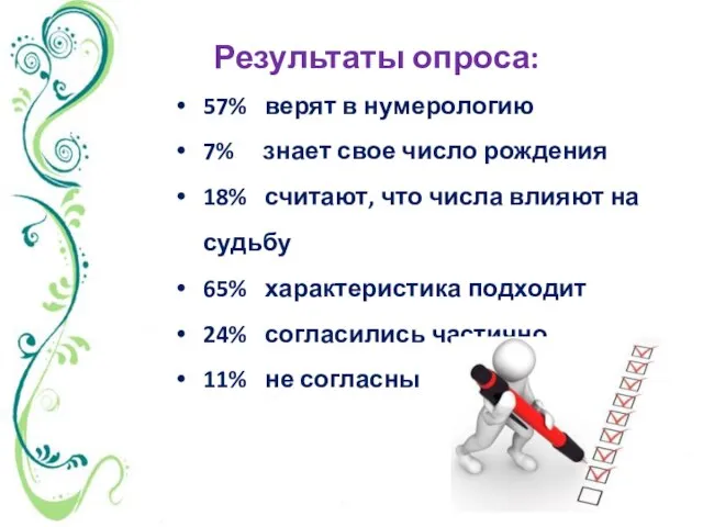 57% верят в нумерологию 7% знает свое число рождения 18% считают, что