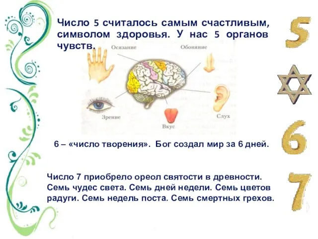 Число 5 считалось самым счастливым, символом здоровья. У нас 5 органов чувств.