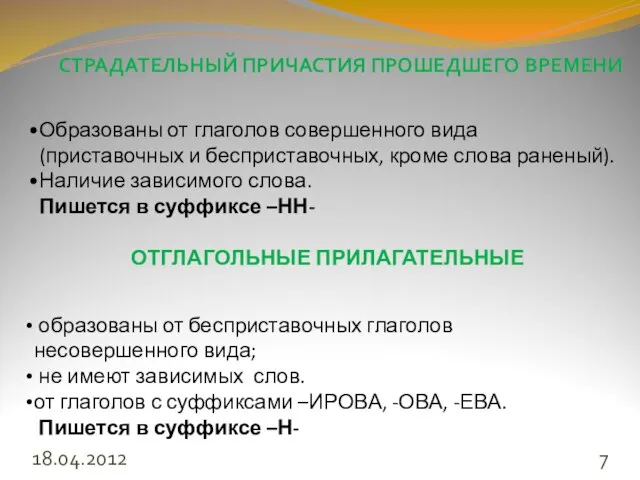 18.04.2012 Образованы от глаголов совершенного вида (приставочных и бесприставочных, кроме слова раненый).