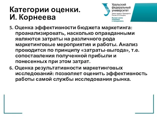 Категории оценки. И. Корнеева 5. Оценка эффективности бюджета маркетинга: проанализировать, насколько оправданными