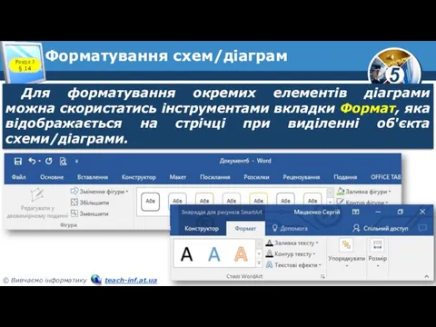 Форматування схем/діаграм Для форматування окремих елементів діаграми можна скористатись інструментами вкладки Формат,