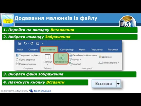 Додавання малюнків із файлу Розділ 3 § 14 1. Перейти на вкладку