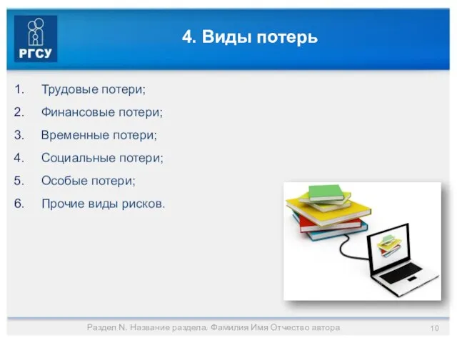 4. Виды потерь Трудовые потери; Финансовые потери; Временные потери; Социальные потери; Особые