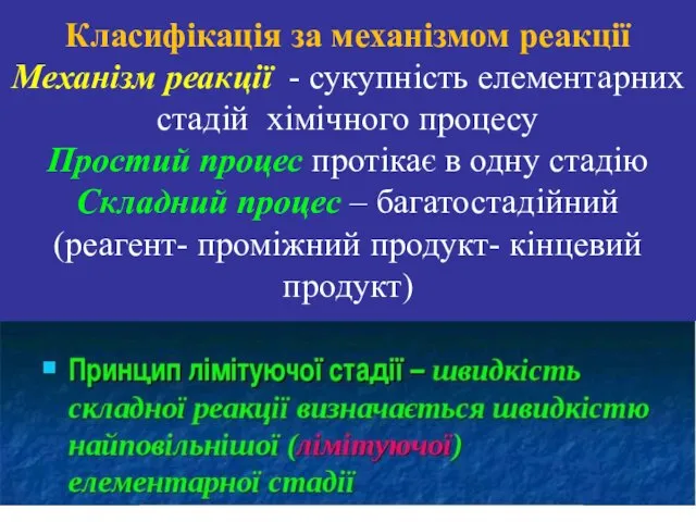 Класифікація за механізмом реакції Механізм реакції - сукупність елементарних стадій хімічного процесу