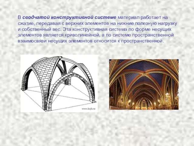 В сводчатой конструктивной системе материал работает на сжатие, передавая с верхних элементов