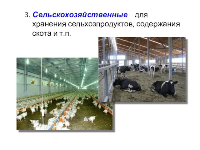 3. Сельскохозяйственные – для хранения сельхозпродуктов, содержания скота и т.п.