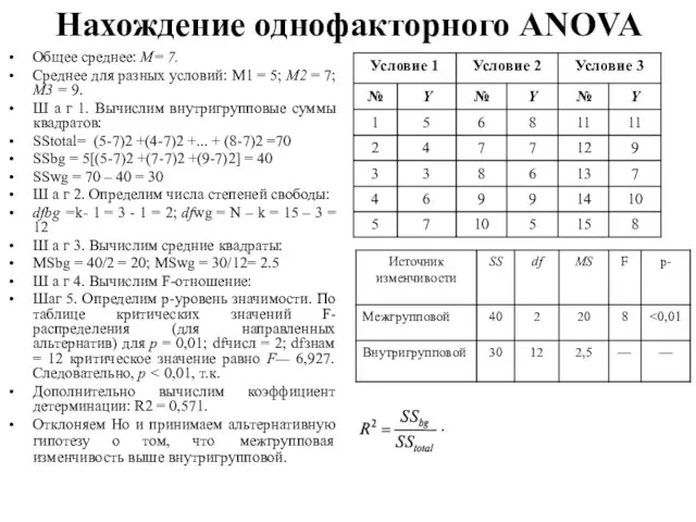 Нахождение однофакторного ANOVA Общее среднее: М= 7. Среднее для разных условий: М1