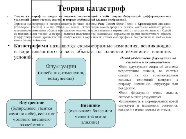 Теория катастроф Теория катастроф — раздел математики, включающий в себя теорию бифуркаций