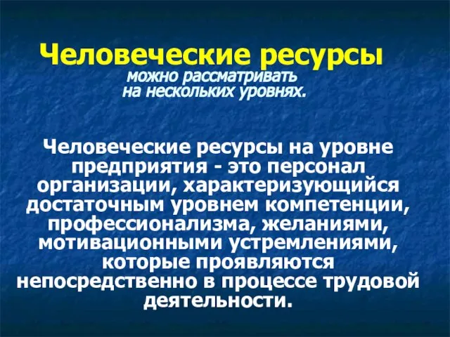 Человеческие ресурсы можно рассматривать на нескольких уровнях. Человеческие ресурсы на уровне предприятия