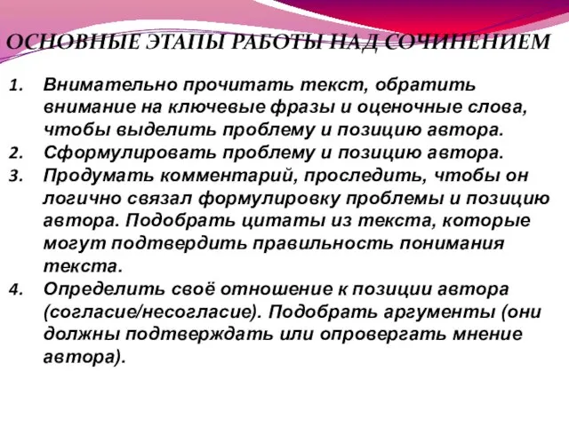 ОБОБЩАЕМ СКАЗАННОЕ ОСНОВНЫЕ ЭТАПЫ РАБОТЫ НАД СОЧИНЕНИЕМ Внимательно прочитать текст, обратить внимание