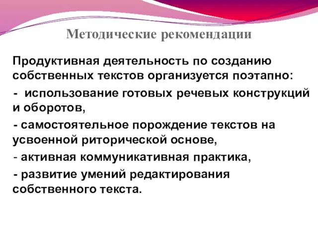 Методические рекомендации Продуктивная деятельность по созданию собственных текстов организуется поэтапно: - использование