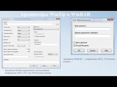 Архиваторы WinZip и WinRAR Архиватор WinZip предполагает использование шифрования AES с 128-