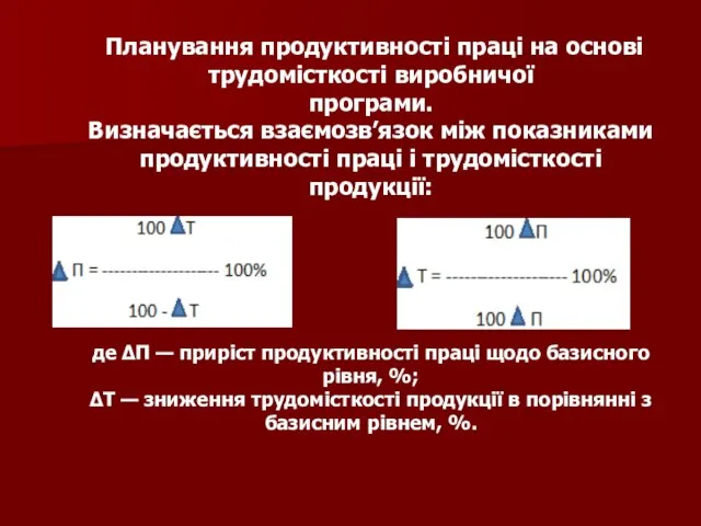 Планування продуктивності праці на основі трудомісткості виробничої програми. Визначається взаємозв’язок між показниками