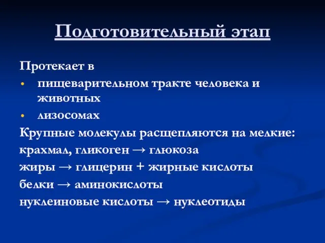 Подготовительный этап Протекает в пищеварительном тракте человека и животных лизосомах Крупные молекулы