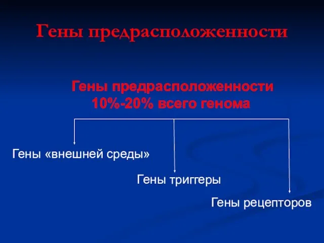 Гены предрасположенности Гены «внешней среды» Гены триггеры Гены рецепторов Гены предрасположенности 10%-20% всего генома